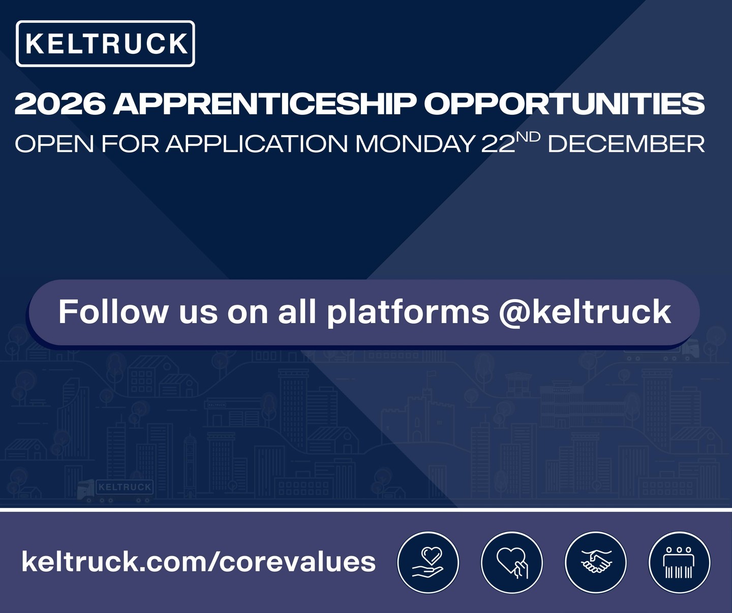 Keltruck Apprenticeships 2026!💙🛠️
Looking to be part of something bigger? Want to be trained and operate to the highest of industry standards? We may just have the perfect opportunity for you.
📅On Monday 22nd December, Keltruck's 2026 apprentice opportunities will open for application.
Set your reminders and follow us on all our social media accounts @keltruck to ensure you don't miss out!
#WorkWithTheBest #KeltruckApprenticeships2026