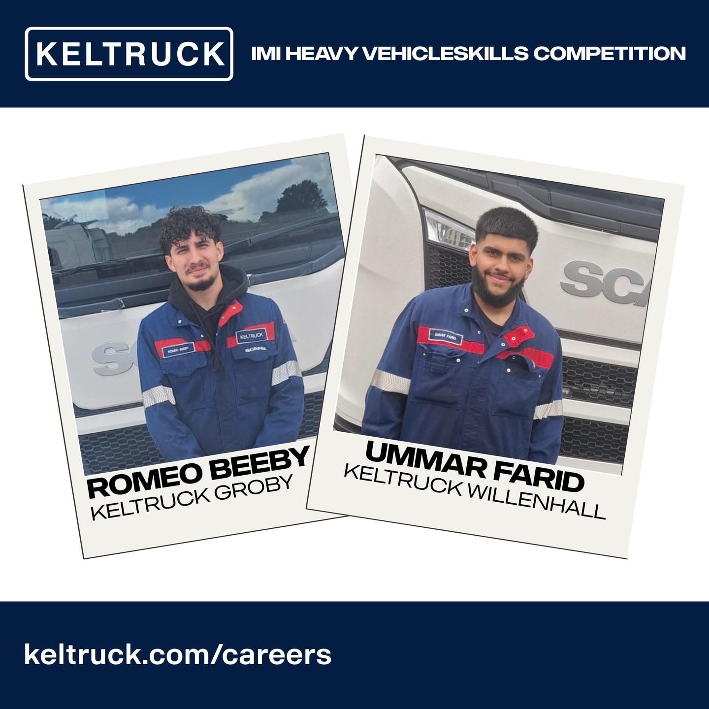 Waving the Keltruck flag in this years IMI Heavy Vehicle Skills competitionπ
Keltruck HGV Technicians Romeo Beeby, and Ummar Farid, representing Keltruck Groby and Keltruck Willenhall respectively will be taking part in Scania qualifiers for this years IMI Heavy Vehicle Skills Competition (formerly World Skills)
Before the exciting qualifiers, the pair will both embark on a special training session to complete their preparations!
A massive congratulations to you both.
#WorkWithTheBest